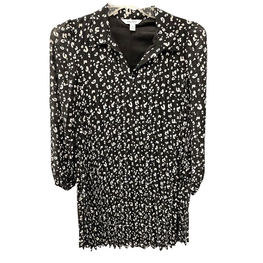 Nine West Womens size XS Knife Pleated Black and White Leopard Print Dress NNT